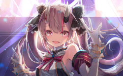 Rule 34 | 1girl, alternate costume, alternate hairstyle, commentary request, fang, gloves, hair between eyes, hair ribbon, highres, hololive, horns, looking at viewer, nakiri ayame, ninniku mashimashi, open mouth, portrait, red eyes, ribbon, silver hair, skin-covered horns, solo, stage, stage lights, twintails, v, virtual youtuber