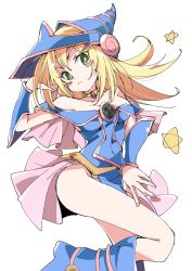 Rule 34 | 1girl, ass, bare shoulders, blonde hair, blush, boots, breasts, choker, cleavage, dark magician girl, detached sleeves, duel monster, green eyes, hair between eyes, hat, ixy, long hair, looking at viewer, magician, no panties, solo, star (symbol), wizard hat, yu-gi-oh!, yu-gi-oh! duel monsters