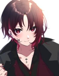 Rule 34 | 1girl, black hair, black jacket, blush, breasts, cleavage, ear piercing, earrings, jacket, jewelry, kisaragi ren (vtuber), looking at viewer, medium breasts, multicolored hair, nail polish, piercing, red eyes, red hair, red nails, red vest, rinto (rint rnt), short hair, simple background, single earring, smile, solo, upper body, vest, virtual youtuber, vspo!, white background