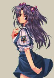 Rule 34 | 1990s (style), 1girl, absurdres, arm at side, blue hair, blue skirt, clannad, commentary, cowboy shot, eyelashes, floating hair, from side, grey background, hair bobbles, hair ornament, hand up, head tilt, high-waist skirt, highres, hikarizaka private high school uniform, ichinose kotomi, long hair, longmei er de tuzi, looking at viewer, nose, parted lips, purple eyes, retro artstyle, sailor collar, school uniform, shirt, short sleeves, simple background, skirt, solo, standing, suspender skirt, suspenders, two side up, white sailor collar, white shirt