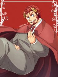 Rule 34 | 1boy, bara, beard, blush, claude (housamo), commentary request, facial hair, feet out of frame, formal, framed, goatee, green eyes, hand up, jacket, jacket on shoulders, laurel crown, long sideburns, looking to the side, male focus, mature male, necktie, open mouth, red background, red hair, red jacket, red necktie, short hair, sideburns, smile, solo, suit, tekkyuu d, thick eyebrows, thighs, tokyo houkago summoners, twitter username