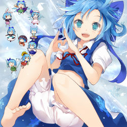 Rule 34 | &gt; &lt;, circled 9, 1girl, 6+girls, animal ears, arm cannon, barefoot, bloomers, blue dress, blue eyes, blue hair, bow, bowl, cape, cirno, cosplay, crossed arms, dress, dual wielding, efe, closed eyes, feet, flower, frog hair ornament, gohei, hair bow, hair ornament, hair ribbon, hat, hat ribbon, heart, heart hands, hijiri byakuren, hijiri byakuren (cosplay), holding, ice, ice wings, jacket, katana, kazami yuuka, kazami yuuka (cosplay), kochiya sanae, kochiya sanae (cosplay), konpaku youmu, konpaku youmu (cosplay), konpaku youmu (ghost), konpaku youmu (ghost) (cosplay), long sleeves, looking at viewer, mob cap, multiple girls, multiple persona, needle, one eye closed, oonusa, open mouth, puffy sleeves, rabbit ears, reisen udongein inaba, reisen udongein inaba (cosplay), reiuji utsuho, reiuji utsuho (cosplay), remilia scarlet, remilia scarlet (cosplay), ribbon, ritual baton, scroll, shinmyoumaru sukuna (cosplay), shirt, short sleeves, sitting, smile, snowflakes, sukuna shinmyoumaru, sukuna shinmyoumaru (cosplay), sunflower, sword, symbol-shaped pupils, third eye, touhou, toyosatomimi no miko, toyosatomimi no miko (cosplay), underwear, vest, weapon, white bloomers, wide sleeves, wings, wink