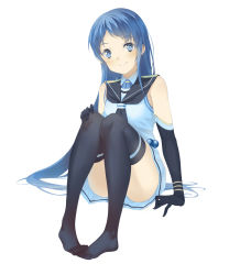 Rule 34 | 10s, 1girl, aqua eyes, arm support, black thighhighs, blue hair, blush, elbow gloves, feet, feet together, full body, gloves, highres, kantai collection, long hair, looking at viewer, no shoes, samidare (kancolle), see-through, see-through legwear, simple background, sitting, smile, solo, thighhighs, toes, very long hair, white background