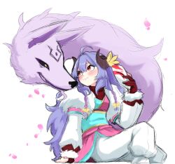 Rule 34 | 1girl, absurdres, ahoge, blush, braid, curled horns, flower, hair between eyes, hair flower, hair ornament, highres, holding, holding mask, horns, japanese clothes, kindred (league of legends), lamb (league of legends), league of legends, long hair, looking at another, mask, official alternate costume, official alternate hairstyle, petals, purple hair, red eyes, ri ~yoku, smile, spirit blossom (league of legends), spirit blossom kindred, twin braids, wolf (league of legends)