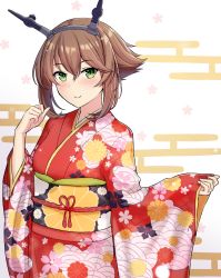 Rule 34 | 1girl, breasts, brown hair, closed mouth, commentary request, egasumi, floral print, green eyes, grey hairband, hair between eyes, hairband, hand up, highres, japanese clothes, kantai collection, kimono, long sleeves, looking at viewer, monoku, mutsu (kancolle), obi, print kimono, red kimono, sash, sleeves past wrists, small breasts, smile, solo, white background, wide sleeves