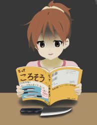 Rule 34 | 1girl, bi no ossan, book, brown hair, catalog, hirasawa ui, k-on!, knife, ponytail, shaded face, solo, weapon, yandere
