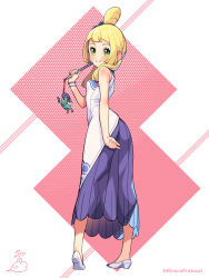 Rule 34 | 1girl, blonde hair, blush, bracelet, character doll, closed mouth, commentary request, cosplay, creatures (company), dress, eyelashes, from behind, game freak, gen 5 pokemon, hair bun, hand up, highres, holding, jewelry, kinocopro, legendary pokemon, lillie (pokemon), long hair, looking back, nintendo, pink background, pokemon, pokemon masters ex, pokemon sm, shoes, skyla (anniversary 2022) (pokemon), skyla (pokemon), skyla (pokemon) (cosplay), sleeveless, sleeveless dress, smile, solo, standing, tornadus, tornadus (therian), twitter username, watermark, white dress