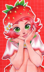 Rule 34 | 1girl, chihiro howe, commentary request, food, freckles, fruit, green eyes, highres, looking at viewer, marker (medium), original, red background, red hair, red headwear, red theme, short hair, sitting, solo, strawberry, traditional media, upper body, watermark
