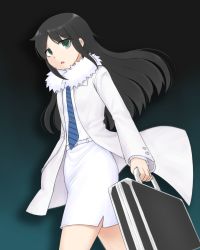 Rule 34 | 1girl, alternate costume, bags under eyes, belt, black hair, blue necktie, briefcase, coat, commentary request, cowboy shot, diagonal-striped clothes, diagonal-striped necktie, floating hair, formal, fur trim, gradient background, green eyes, highres, holding, holding briefcase, kuroki tomoko, long hair, long sleeves, looking at viewer, mohya, necktie, open clothes, open coat, open mouth, pencil skirt, shirt, shirt tucked in, skirt, solo, standing, striped clothes, striped necktie, striped neckwear, watashi ga motenai no wa dou kangaetemo omaera ga warui!, white coat, white shirt, white skirt