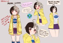 Rule 34 | 1girl, age progression, ahoge, alternate breast size, blush, breast expansion, breasts, bsapricot, earth (planet), english text, grey background, highres, large breasts, moon-chan, multicolored hair, multiple views, nasa, nasa logo, original, planet, raincoat, short hair, simple background, small breasts, speech bubble, split-color hair, standing, two-tone hair