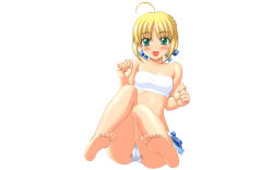 Rule 34 | 00s, 1girl, ahoge, artoria pendragon (all), artoria pendragon (fate), ass, bandeau, barefoot, bikini, blonde hair, blush, cameltoe, fate/stay night, fate (series), feet, green eyes, happy, highres, midriff, official alternate costume, saber (fate), short hair, smile, soles, solo, strapless, swimsuit, tube top