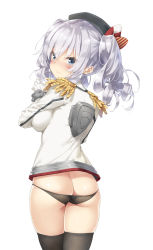 Rule 34 | 1girl, ass, black hat, black panties, black thighhighs, blue eyes, blush, breasts, butt crack, commentary request, epaulettes, gloves, hair between eyes, hat, highres, jacket, kani biimu, kantai collection, kashima (kancolle), large breasts, long hair, long sleeves, looking at viewer, looking back, lowleg, lowleg panties, military jacket, no pants, panties, sidelocks, silver hair, simple background, solo, standing, thighhighs, tsurime, twintails, underwear, white background, white gloves, white jacket