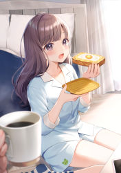 Rule 34 | 1girl, bed, blue legwear, blurry, blurry foreground, blush, bread, bread slice, brown eyes, brown hair, cellphone, coffee, collarbone, collared shirt, commentary request, cup, curtains, day, depth of field, dress shirt, food, fried egg, fried egg on toast, highres, holding, holding cup, holding food, indoors, long hair, long sleeves, looking at viewer, momoshiki tsubaki, mug, no shoes, open mouth, original, pajamas, phone, pillow, shirt, short shorts, shorts, sitting, socks, solo focus, striped clothes, striped legwear, striped socks, sunlight, toast, white shirt, white shorts, window