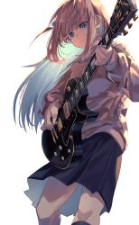Rule 34 | 1girl, absurdres, bocchi the rock!, cube hair ornament, electric guitar, gibson les paul, gotoh hitori, guitar, hair ornament, highres, holding, holding instrument, instrument, jacket, one side up, pink hair, pink jacket, pink track suit, rasetsu001, side ahoge, skirt, solo, standing, track jacket, white background