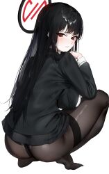 Rule 34 | 1girl, ass, black hair, black skirt, blue archive, blunt bangs, blush, breasts, halo, highres, jacket, large breasts, long hair, long sleeves, looking at viewer, no shoes, panties, panties under pantyhose, pantyhose, pleated skirt, poharo, red eyes, rio (blue archive), skirt, solo, squatting, thighband pantyhose, underwear, very long hair