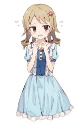 Rule 34 | 1girl, blue dress, blush, brown eyes, center frills, commentary, cropped legs, dress, flower, flying sweatdrops, frills, hair flower, hair ornament, highres, idolmaster, idolmaster cinderella girls, light brown hair, long hair, looking at viewer, morikubo nono, nervous, open mouth, puffy short sleeves, puffy sleeves, shone, short sleeves, simple background, solo, twiddling fingers, wavy mouth, white background