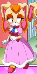 Rule 34 | 1girl, bbmbbf, blush, breasts, brown eyes, comic, curvy, gloves, highres, looking to the side, medium breasts, mobian (species), mobius unleashed, orange hair, palcomix, rabbit ears, rabbit girl, sonic (series), vanilla the rabbit