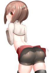Rule 34 | 10s, 1girl, ass, bare back, bike shorts, black shorts, black thighhighs, boruhis, brown eyes, brown hair, from behind, kantai collection, long sleeves, looking at viewer, microskirt, miniskirt, pleated skirt, profile, red skirt, short hair, shorts, shorts under skirt, simple background, skirt, solo, taihou (kancolle), thighhighs, white background