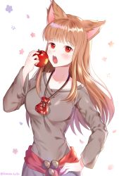 Rule 34 | 1girl, :o, animal ears, apple, artist name, blunt bangs, blush, breasts, brown hair, brown shirt, cat ears, food, food bite, fruit, hand on own hip, highres, holding, holding food, holding fruit, holo, jewelry, long hair, long sleeves, looking at viewer, medium breasts, necklace, no tail, open mouth, pouch, red eyes, round teeth, shirt, simple background, solo, spice and wolf, teeth, tongue, twitter username, ubi (ekdus6080), white background, wolf ears, wolf girl