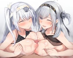 1boy 2girls absurdres bikini black_bikini breasts censored closed_eyes clothes_writing cooperative_paizuri cum ejaculation fuyutsuki_(kancolle) grey_eyes grey_hair hachimaki hair_between_eyes headband hetero highres kantai_collection large_breasts long_hair looking_at_viewer mosaic_censoring multiple_girls official_alternate_costume one_eye_closed one_side_up open_mouth paizuri penis pov projectile_cum sabo_(12454861) simple_background suzutsuki_(kancolle) suzutsuki_(swimsuit_mode)_(kancolle) sweat swimsuit
