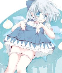 Rule 34 | 1girl, :o, bad id, bad pixiv id, blue bow, blue dress, blue eyes, blue hair, blue nails, bow, cirno, clothes lift, commentary request, dress, dress lift, flower, ice, ice wings, inasa orange, lifted by self, looking at viewer, lotus, lying, nail polish, on back, panties, panty pull, pointy ears, puffy short sleeves, puffy sleeves, short sleeves, solo, touhou, underwear, water, wings