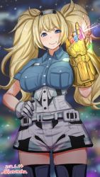 Rule 34 | 1girl, avengers: endgame, avengers: infinity war, avengers (series), blonde hair, blue eyes, blue shirt, breast pocket, breasts, collared shirt, commentary request, cowboy shot, gambier bay (kancolle), gloves, hair between eyes, hairband, hand on own hip, infinity gauntlet, kantai collection, katou techu, large breasts, looking at viewer, marvel, marvel cinematic universe, multicolored clothes, multicolored gloves, night, night sky, one-hour drawing challenge, pocket, shirt, shorts, sky, solo, thighhighs, twintails, white thighhighs