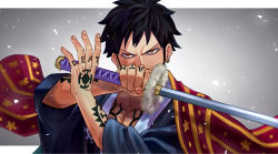 Rule 34 | 1boy, alternate costume, black hair, black kimono, chest tattoo, commentary request, facial hair, frown, goatee, hand tattoo, haori, holding, holding sword, holding weapon, jaguar print, japanese clothes, kimono, long sideburns, looking at viewer, male focus, one piece, pectoral cleavage, pectorals, short hair, sideburns, solo, sword, tattoo, toned, toned male, toyoura (23066494), trafalgar law, upper body, weapon