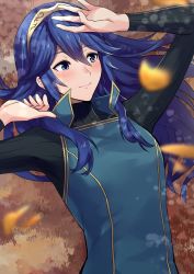 Rule 34 | 1girl, ameno (a meno0), arm up, bad id, bad twitter id, black sweater, blue eyes, blue hair, blurry, blurry foreground, blush, brown hairband, closed mouth, fire emblem, fire emblem awakening, hair between eyes, hairband, long hair, long sleeves, looking to the side, lucina (fire emblem), lying, nintendo, on back, outdoors, ribbed sweater, smile, solo, sweater, turtleneck, turtleneck sweater, upper body, very long hair