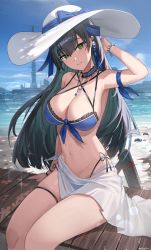 Rule 34 | 1girl, absurdres, arm strap, arm up, bare shoulders, beach, bead bracelet, beads, bikini, bikini skirt, black hair, blue bikini, blue choker, blue sky, bow, bracelet, breasts, choker, cleavage, cloud, criss-cross halter, day, frilled choker, frills, front-tie top, green eyes, green hair, halterneck, hat, hat bow, highres, jewelry, jeze, large breasts, lin (tower of fantasy), long hair, looking at viewer, mole, mole under eye, multicolored hair, navel, necklace, ocean, outdoors, parted lips, sitting, sky, smile, solo, stomach, string bikini, sun hat, swimsuit, thigh strap, thighs, tower of fantasy, two-tone bikini, two-tone hair, white hat
