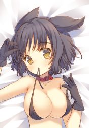 Rule 34 | 1girl, animal collar, animal ears, arm up, bikini, bikini in mouth, black bikini, black gloves, black hair, blush, breasts, cleavage, clothes in mouth, collar, collarbone, dog ears, gloves, large breasts, looking at viewer, lying, mouth hold, on back, on bed, original, short hair, solo, string bikini, string in mouth, swimsuit, untied bikini, yamucha, yellow eyes