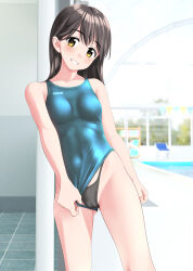Rule 34 | 1girl, absurdres, aqua one-piece swimsuit, black hair, black panties, breasts, brown eyes, cameltoe, clothes writing, clothing aside, column, commentary request, competition swimsuit, covered navel, cowboy shot, highres, long hair, looking at viewer, one-piece swimsuit, original, panties, parted lips, pillar, poolside, small breasts, smile, solo, swimsuit, swimsuit aside, takafumi, tile floor, tiles, underwear