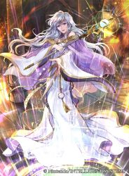 Rule 34 | 1girl, circlet, company name, copyright name, deirdre (fire emblem), dress, fire emblem, fire emblem: genealogy of the holy war, fire emblem cipher, holding, holding staff, long hair, long sleeves, nintendo, official art, purple eyes, purple hair, solo, staff, wada sachiko, wide sleeves