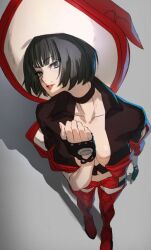 Rule 34 | 1girl, black choker, black gloves, black hair, blue eyes, boots, breasts, choker, cleavage, fingerless gloves, gloves, guilty gear, guilty gear strive, hat, hitsuji kusa, i-no, large breasts, looking at viewer, mole, mole above mouth, red footwear, red hat, red leather, red lips, short hair, thigh boots, witch hat
