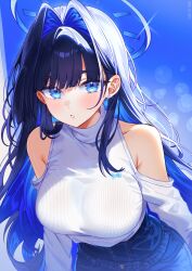 Rule 34 | 1girl, absurdres, artist name, blue eyes, blue hair, blue pants, blush, breasts, by mirin, center-flap bangs, clothing cutout, commentary, denim, earrings, glint, hair intakes, halo, high-waist pants, highres, hololive, hololive english, jeans, jewelry, large breasts, leaning forward, long hair, long sleeves, looking at viewer, making-of available, official alternate costume, ouro kronii, ouro kronii (casual), pants, parted lips, ribbed shirt, shirt, shirt tucked in, shoulder cutout, solo, stud earrings, symbol-only commentary, teeth, turtleneck, turtleneck shirt, upper body, very long hair, virtual youtuber, white shirt