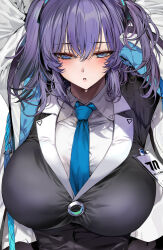 Rule 34 | 1girl, blue archive, blue eyes, blue necktie, breasts, hair between eyes, highres, jacket, large breasts, long hair, marushin (denwa0214), necktie, open clothes, open jacket, purple hair, shirt, solo, two side up, upper body, white jacket, white shirt, yuuka (blue archive)