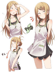 Rule 34 | 1girl, apron, arm up, blonde hair, blush, breasts, brown eyes, dagashi kashi, ear piercing, eitopondo, endou saya, hair ornament, hairclip, highres, long hair, looking at viewer, multiple views, piercing, sidelocks, simple background, small breasts, sweatdrop, translation request, white background