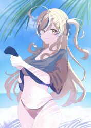 Rule 34 | 1girl, absurdres, ahoge, beach, bikini, black ribbon, black shirt, brown eyes, brown hair, cowboy shot, dripping, fzvkrjisli18183, highres, hololive, hololive english, lens flare, long hair, looking at viewer, midriff, multicolored hair, nanashi mumei, nanashi mumei (emo), navel, ocean, one side up, palm tree, ribbon, shirt, smile, streaked hair, swimsuit, t-shirt, tree, very long hair, virtual youtuber, water, wavy hair, wringing clothes