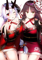 Rule 34 | 2girls, absurdres, black hair, blush, braid, breasts, closed mouth, collarbone, fate/grand order, fate (series), felnemo, fox mask, heart, highres, horns, japanese clothes, joints, katou danzou (fate), kimono, large breasts, long hair, looking at viewer, mask, mask on head, medium breasts, multiple girls, obi, one eye closed, oni horns, red eyes, ribbon, robot joints, sash, simple background, single braid, tomoe gozen (fate), white background, white hair, yellow eyes