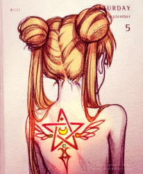 Rule 34 | 1girl, back, back focus, back tattoo, bishoujo senshi sailor moon, blonde hair, crescent, double bun, from behind, gradient background, hair bun, hair over shoulder, has bad revision, long hair, nape, nude, pentagram, portrait, qinni, solo, tattoo, traditional media, tsukino usagi, twintails, upper body, watermark, web address