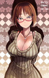 Rule 34 | 1girl, bail, breasts, brown eyes, brown hair, cleavage, glasses, hair ornament, hairclip, jewelry, large breasts, looking at viewer, necklace, original, red-framed eyewear, ribbed sweater, semi-rimless eyewear, short hair, smile, solo, sweater