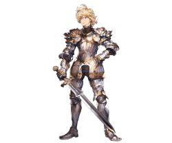 Rule 34 | 10s, 1boy, alpha transparency, armor, blonde hair, blue eyes, boots, full body, gauntlets, granblue fantasy, holding, holding sword, holding weapon, looking afar, male focus, minaba hideo, official art, romeo (granblue fantasy), short hair, solo, standing, sword, transparent background, weapon