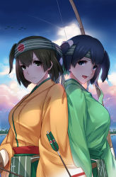 Rule 34 | 10s, 2girls, absurdres, aircraft, airplane, arrow (projectile), back-to-back, blue hair, blue hakama, blue sky, breasts, brown hair, cloud, day, frown, gloves, green hakama, green kimono, hair ribbon, hakama, hakama short skirt, hakama skirt, headband, highres, hiryuu (kancolle), japanese clothes, kantai collection, kimono, large breasts, long sleeves, multiple girls, one side up, open mouth, partially fingerless gloves, partly fingerless gloves, pleated skirt, quiver, remodel (kantai collection), ribbon, short hair, side ponytail, skirt, sky, souryuu (kancolle), sunlight, twintails, wide sleeves, worst (am-worst), yellow kimono, yugake