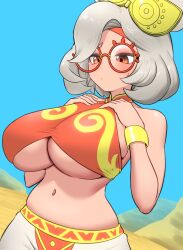 Rule 34 | 1girl, blue background, blue sky, blush, bracelet, breasts, cleavage, desert, dot nose, dutch angle, eyeshadow, gerudo set (zelda), glasses, goggles, goggles on head, grey hair, hands on own chest, headband, highres, huge breasts, jewelry, makeup, navel, nintendo, outdoors, pero (pero7762), purah, red eyes, sand, sky, solo, sweatdrop, the legend of zelda, the legend of zelda: tears of the kingdom, underboob