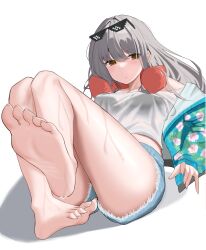 Rule 34 | 1girl, barefoot, bikini, blue shorts, breasts, brown eyes, closed mouth, commentary request, denim, denim shorts, expressionless, eyewear on head, feet, foot focus, frima (nikke), frima (sea of sloth) (nikke), goddess of victory: nikke, grey hair, hair between eyes, highres, legs, looking at viewer, lying, medium breasts, official alternate costume, on back, see-through, shorts, simple background, sitting, soles, solo, sunglasses, sweat, swimsuit, thighs, toenails, toes, white background, xi oshir1