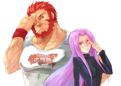 Rule 34 | 1boy, 1girl, adjusting eyewear, bad id, bad pixiv id, beard, breasts, crossover, facial hair, fate/stay night, fate/zero, fate (series), glasses, impossible clothes, impossible shirt, iskandar (fate), long hair, manly, medium breasts, medusa (fate), medusa (rider) (fate), official alternate costume, ousder, purple hair, red eyes, red hair, shirt, t-shirt, turtleneck, very long hair, yellow eyes