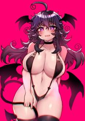 Rule 34 | 1girl, absurdres, ahoge, bikini, blush, breasts, cleavage, commentary, crawling dreams, curvy, demon girl, english commentary, heart, heart-shaped pupils, highres, huge breasts, lingerie, long hair, looking at viewer, nyarla (osiimi), open mouth, osiimi, purple eyes, purple hair, slingshot swimsuit, smile, solo, string bikini, swimsuit, symbol-shaped pupils, thick thighs, thighhighs, thighs, underwear
