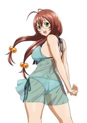 Rule 34 | 1girl, antenna hair, arms behind back, ass, bikini, bikini under clothes, brown hair, butt crack, glasses, green eyes, hair bobbles, hair ornament, hair over shoulder, halterneck, ikkitousen, long hair, looking back, official art, open mouth, own hands together, rimless eyewear, ryuubi gentoku, see-through, simple background, solo, swimsuit, swimsuit under clothes, white background