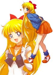 Rule 34 | 1girl, aino minako, anime coloring, arms behind back, bad id, bad pixiv id, bare legs, bishoujo senshi sailor moon, blonde hair, blue bow, blue eyes, blue legwear, bow, casual, choker, full body, hair bow, heart, leaning forward, long hair, matyaha, multiple views, official style, one eye closed, red bow, sailor venus, shoes, socks, white background
