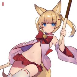 Rule 34 | 1girl, animal ears, armpits, bare shoulders, bell, blonde hair, blue eyes, bow, bowtie, center opening, detached sleeves, dual wielding, fangs, food, fox ears, fox girl, fox tail, groin, hair ornament, hairclip, highres, holding, jingle bell, kemomimi oukoku kokuei housou, long hair, looking at viewer, midriff, miebao, mikoko (kemomimi oukoku kokuei housou), miniskirt, navel, pink shirt, pocky, red bow, red bowtie, red skirt, revealing clothes, shirt, simple background, skirt, solo, stomach, tail, thighhighs, twintails, virtual youtuber, white background, white thighhighs, wide sleeves, zettai ryouiki