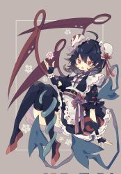 Rule 34 | 1girl, :o, adapted costume, ahoge, apron, asymmetrical wings, belt, black dress, black hair, black thighhighs, blue wings, center frills, commentary request, corrupted twitter file, double bun, dress, fang, fingerless gloves, frilled apron, frills, full body, gloves, hair bun, highres, houjuu nue, knees up, looking at viewer, medium hair, nikorashi-ka, open mouth, pointy ears, red footwear, red wings, short sleeves, skin fang, snake, solo, thighhighs, touhou, white apron, wings
